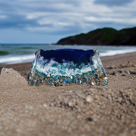 Hand poured Epoxy resin ocean perfume and jewelry tray 14X7 with acyrlic handles - Picture 5 of 5